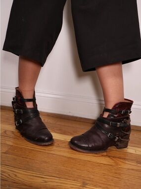 freebird Brown and Red Leather Heeled Ankle Boots